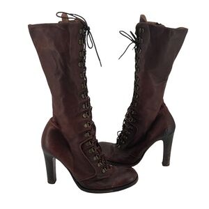 TP Brown Leather Victorian Lace Up Heeled Boots Size 38 1/2 Women's